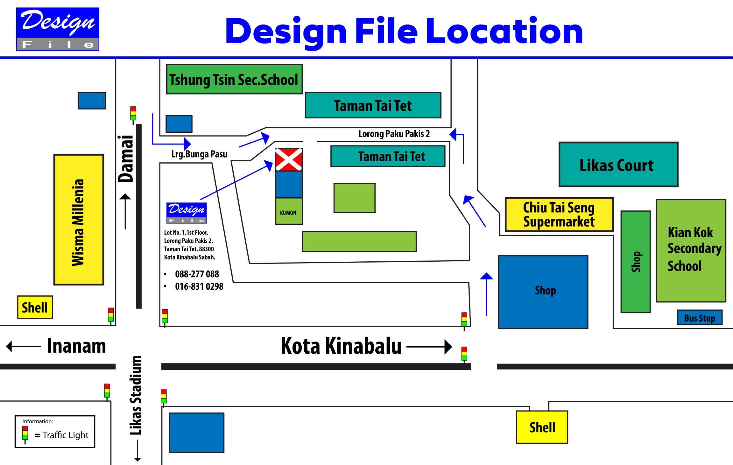 Street map to Design File on Lorong Paku Pakis 2 in Taman Tai Tet, with Jalan Damai, Likas Court, Chiu Tai Seng Supermarket and Kian Kok Secondary School as landmarks